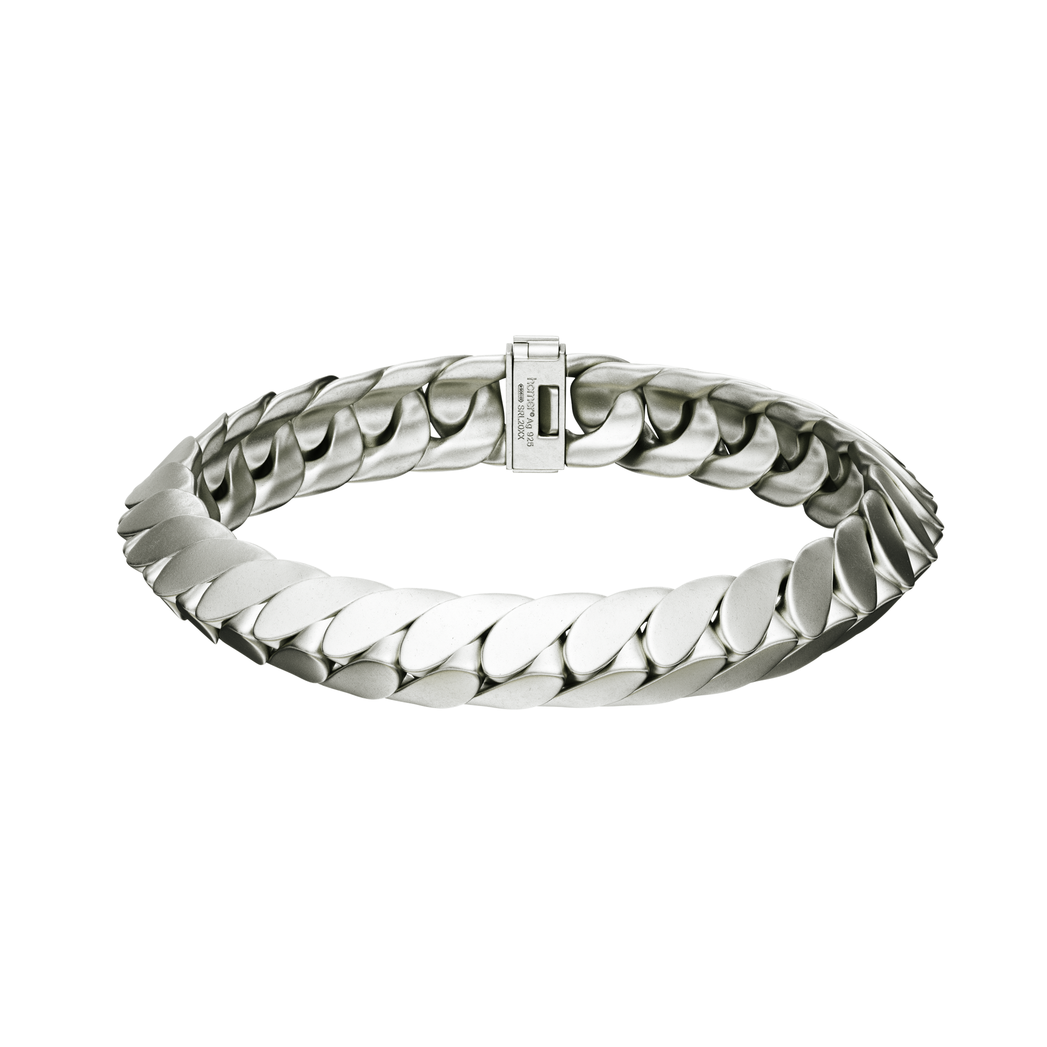 A detail of Convex Link Bracelet in Matte Silver